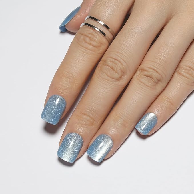 Light Blue Press On Nails Square – Short Cat Eye Fake Nails with Color-Shifting Glow, Reusable Stick On Nails, 15 Sizes, 30 Nail Kit with Glue, Thick Glue On Nails for Women, M2-Aurora Mist