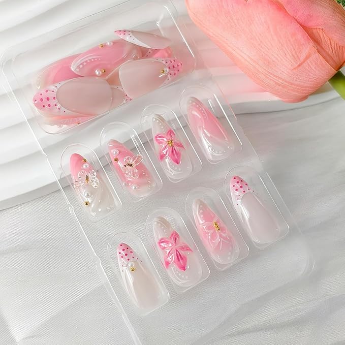 24Pcs Handmade Press on Nails Medium Almond Fake Nails with Flower Designs Clear 3D Butterfly Charms Pearl Beads Rhinestones Acrylic Nail Glossy French Tips Glue on Nails for Women Daily Wear