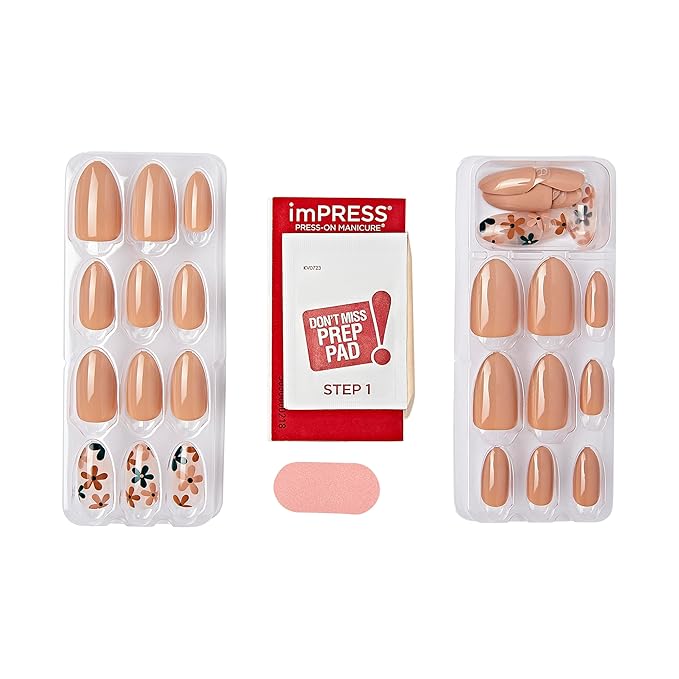 KISS imPRESS No Glue Mani Press-On Nails, Design, 'As It Was', Neutral/green, Medium Size, Almond Shape, Includes 30 Nails, Prep Pad, Instructions Sheet, 1 Manicure Stick, 1 Mini File