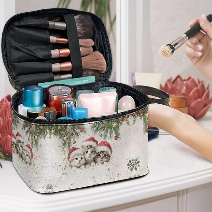 Cute Cats Travel Makeup Bags for Women Portable Tote Cosmetic Case with Carry Handle Toiletry Accessories Storage Organizer Bags for Christmas, White