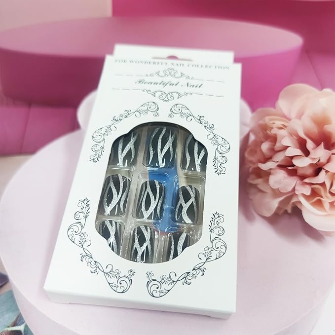 Short Square Acrylic False Nails Sparkly Fire Pattern Press on Nails 24Pcs Shine Curve Line Stick on Nails Glossy Silver Glitter Fake Nails Black Gel Glue on Nails for Coquette Women Girls