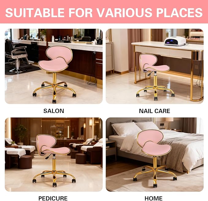 Rolling Stool with Back Support, Salon Stool with Wheels for Spa, Cute Swivel Chair for Lash, Nail Tech and Hair Stylist, Height Adjustable Chair for Massage Beauty Makeup-Pink