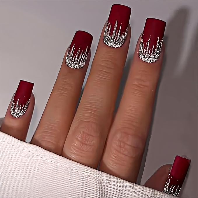 Square Press on Nail Medium Length Red Acrylic Nails with Design Glitter Fake Nails for Women and Girls 24pcs