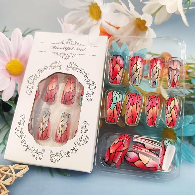 Red Ombre Press on Nails Marble Acrylic Full Cover Fake Nails 24Pcs Glossy Black Gradient Medium Coffin False Nail Crack Stick on Nail Curve Line Gel Glue on Fingernails for Holiday Manicure Art