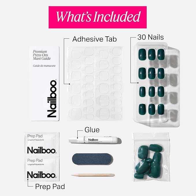 Nailboo Press On Nails, Salon-Quality Reusable Fake Nails for Fast DIY Manicure with Strong Hold Nail Glue for Press Ons, Nail File, & Alcohol Prep Pads, Exotic Emerald