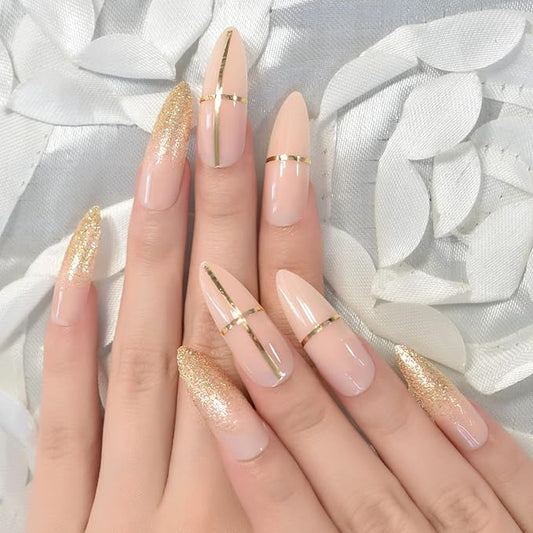 Beige Nude Glitter French Press on False Nails Super Long Stiletto Salon DIY Manicure Reusable Fake Acrylic Nail Art Tips for Women Girls with Jelly Adhesive Tabs Nail FileC
