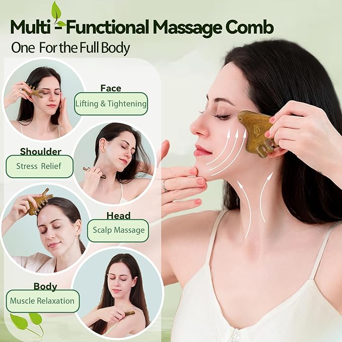 Gua Sha Tool for Face & Body – 4 in 1 Natural Green Sandalwood,Lymphatic Drainage,Jaw Lifting & Nose Sculpting, Head Massage Comb for Stress Relief,Home Office Self Care,Gifts for Mom Girl Friend