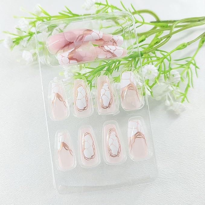 Coffin Press on Nails Medium Transparent Fake Nails French Tip Stick on Nails Glossy Acrylic Manicure 24Pcs Women Nail Press ons with White Irregular Shape Designs Gold Lines Glue on Nails Light Pink