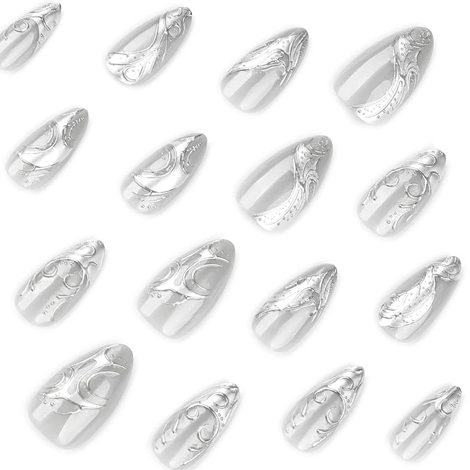 Silver Press on Nails Medium Almond Fake Nails Metal Chrome False Nails Gothic Stripes Line Acrylic Nails Reusable Artificial Nail 3D Full Cover Stick on Nail for Women Girls Manicure Art Decoration