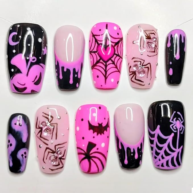 24Pcs Halloween Press on Nails Medium Square French Tip Fake Nails with Pink Pumpkin Ghost Spider Web Bat Design Silver Rhinestone False Nails Full Cover Glue on Nails Gothic Stick on Nail for Women