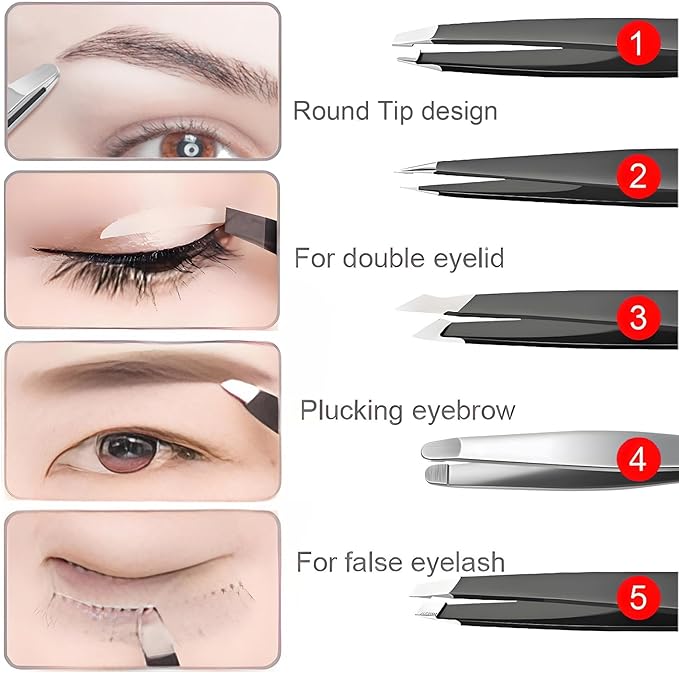 Tweezers for Women Facial Hair, 5Pcs Set, Round tip Eyebrow Tweezer for men, Professional Stainless Steel Pointed Splinter Ingrown Hair removal