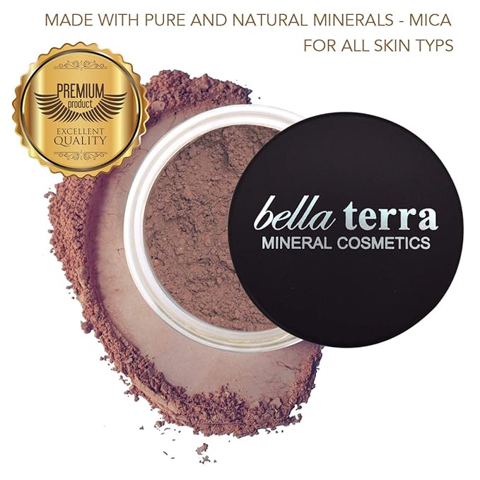 BellaTerra Cosmetics Mineral Powder Foundation – Brown Sugar | Warm Medium-Deep Shade | Buildable Matte Finish for Smooth Complexion and Natural Radiance 9g