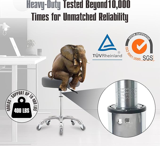 Rolling Stool with Wheels, Heavy Duty 400 lbs Stool for Shop Guitar Lab Tattoo Workbench Medical, Adjustable Swivel Chair (Grey)