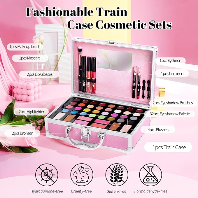 Beginner Makeup Kit for Teen,Makeup Gift Set for Girl Women,Beginner Makeup Kit with Cosmetic Train Case Included 32 Colors Eyeshadow Blusher Contour Lip Gloss Lip Liner Mascara Eyeliner Mirror