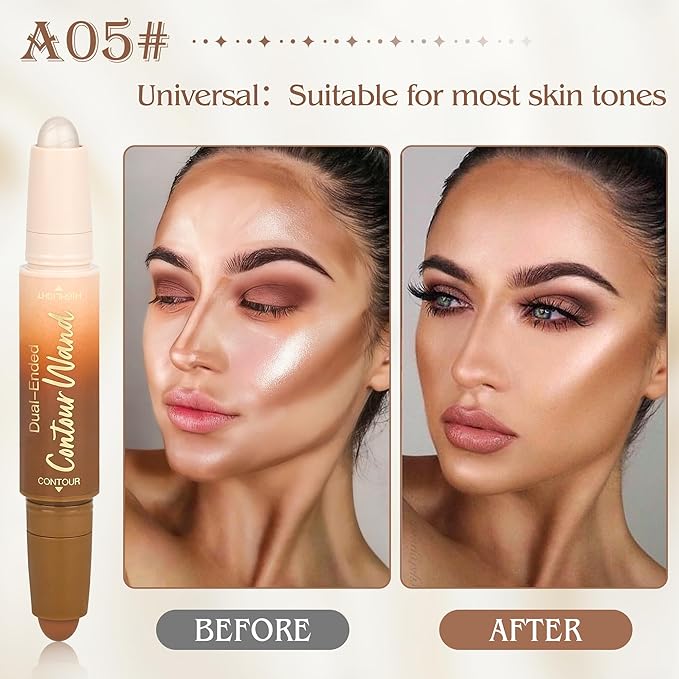 Contour Highlighter Stick，2in1 Dual-Ended Cream Bronzer&Highlighter Sticks for Face Body Contouring Makeup- Buildable，Waterproof, Easy to Apply Suitable for Beginners，05Nuetral Nude+Silver Shimmer