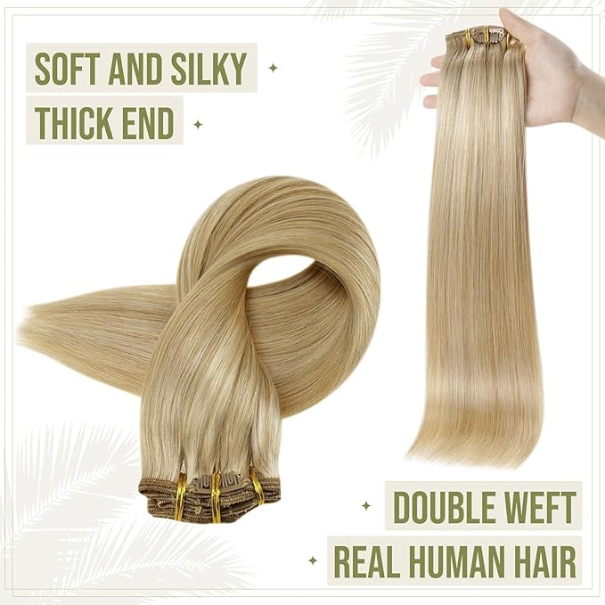 Full Shine Clip in Hair Extensions Human Hair Butter Blonde Highlights Platinum Blonde Clip in Human Hair Extensions Double Weft 7 Pcs 120 G 14 Inch