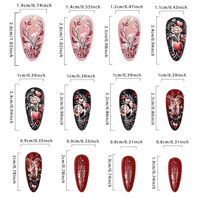 24Pcs Valentine's Day Press on Nails Long Almond Fake Nails Pink Love Heart False Nails Flower Rose Full Cover Glue on Nails Valentines Artificial Stick on Nail Glossy Acrylic Nails for Women Manicure
