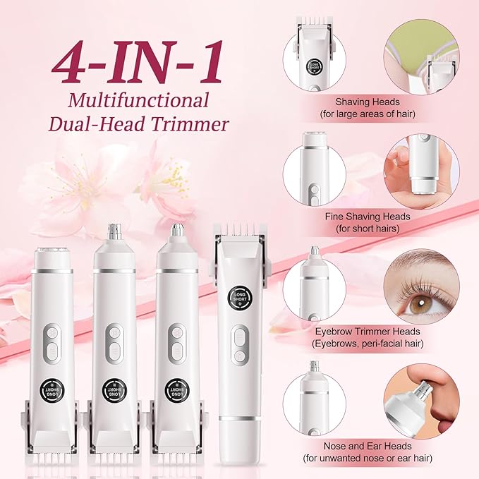 Bikini Trimmer for Women, 4 in 1 Wet/Dry Electric Razors for Women - Dual Head, Painless Rechargeable Portable Womens Razors for Shaving Set for Face, Nose, Eyebrows, Armpits, Bikini Area (White)