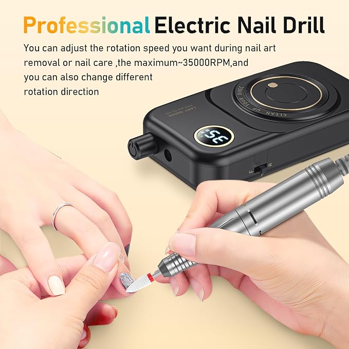 Portable Nail Drill Electric File: 35000RPM Professional Rechargeable Nail E File Machine,for Acrylic Nails Gel Polishing Removing, Cordless Efile with Bits Kit for Manicure Salon Home (White)