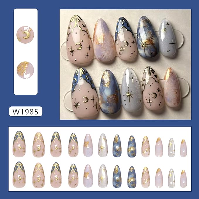 24Pcs Gold French Tips Press on Nails Medium Almond Fake Nails with Star Moon Designs Glue on Nails Cute Acrylic Nails Marble French False Nails Bohemian Style Stick on Nails for Women Daily Wear