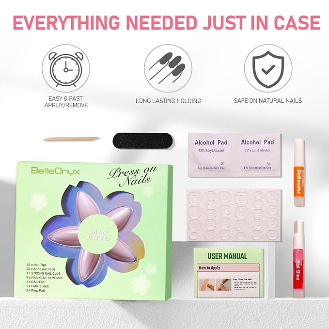 Press On Nails Short Almond Ombre Pink Fake Nails with Chrome Glossy 15 Size in 30 Nail Tips Kit with Nail Glue Remover,Glue On Nails for Busy Mom