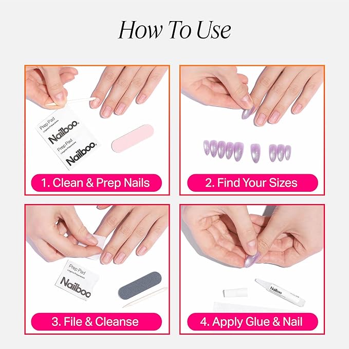 Nailboo Press On Nails, Salon-Quality Reusable Fake Nails for Fast DIY Manicure with Strong Hold Nail Glue for Press Ons, Nail File, & Alcohol Prep Pads, Gala Gal