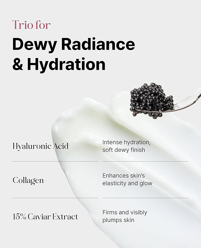 Delere Caviar Glow Dewy Cream | Hydrating Caviar Collagen Cream | Korean Hyaluronic Acid Moisturizer for Radiant Glass Skin, 1.7oz