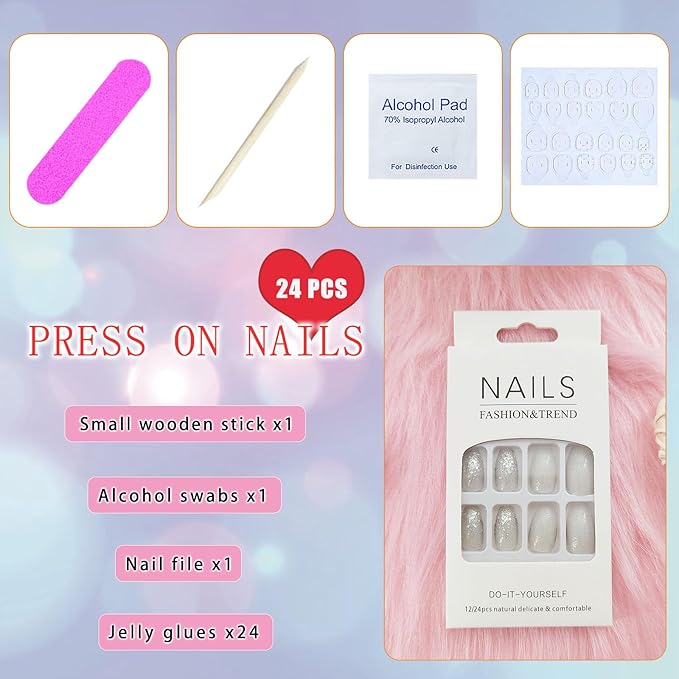 Coffin Press on Nails: Short Acrylic Glitter Sequins Fake Nails Designs - 24 Pcs / 12 Size