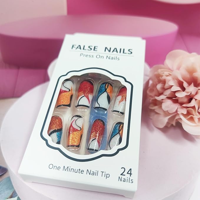 Black French Tips Press on Nails Curve Line Stick on Nails Medium Square Acrylic Full Cover False Nails Glossy Colorful Glitter Fake Nails 24Pcs Fire Pattern Gel Glue on Nails for Coquette Women Girls