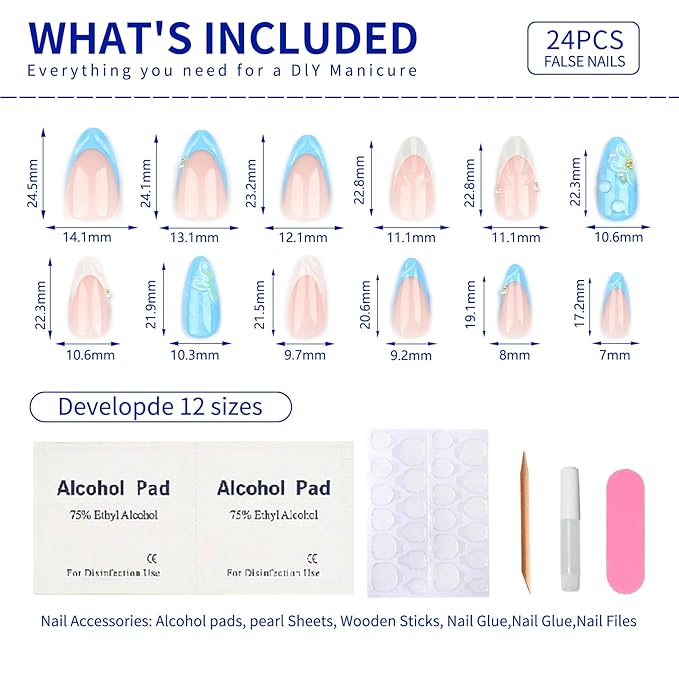 Summer Almond Medium Press on Nails with 3D Flower Shell Designs Nude Nails Press ons Glossy Glue on Nails Light Blue Acrylic Nails Full Cover Artificial Stick on Nails Reusable for Women 24Pcs
