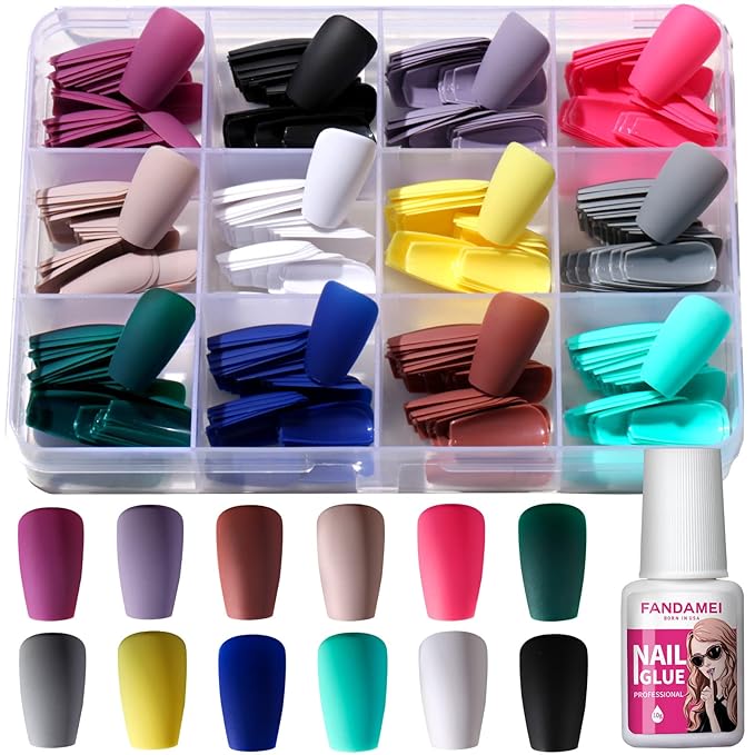 FANDAMEI Press on Nails Short Square, 12 Packs 288PCS Acrylic Matte Square Fake Nails Full Cover Medium Length, Glue on Nails with 10g Nail Tips Glue, 12 Solid Color False Nails for Nail Art DIY
