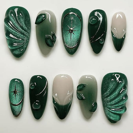 24Pcs Dark Green Press on Nails Medium Almond French Tip Fake Nails with Silver Gilding Star Design 3D Leaves False Nails Full Cover Artificial Glue on Nails Glossy Stick on Nails for Women Manicure