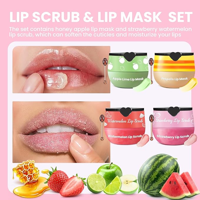 4 PCS Lip Scrub and Mask Set, Strawberry Watermelon Lip Exfoliator Scrub, Moisturizing Lip Balm for Dry Lips, Reduce Lip Lines