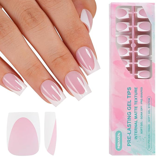 Misssix Deep French Gel Nail Tips, 150Pcs French Tip Press on Nails Short Square Pink, No Need to File Tips Pre-lasting, Fake Nails for Nail Art DIY 15 Sizes
