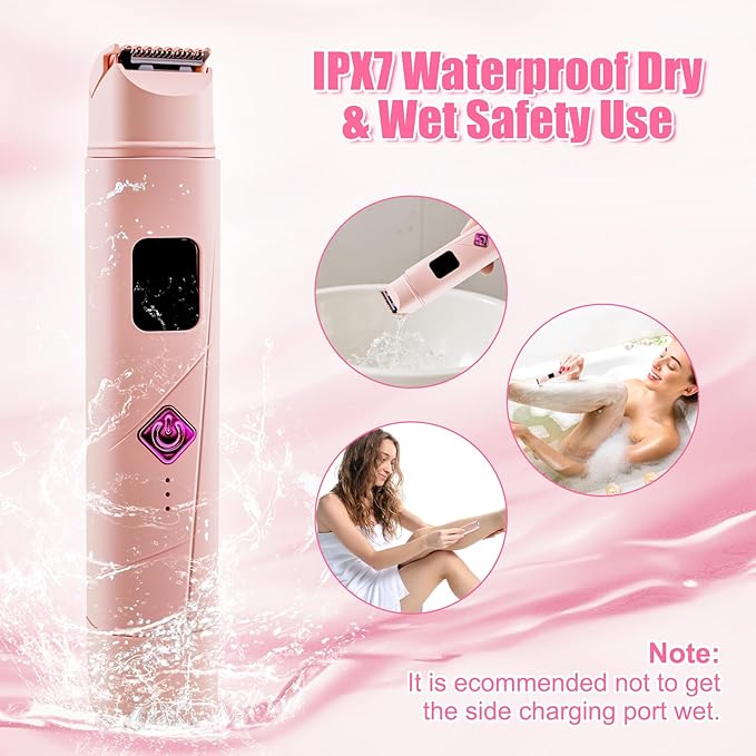 Bikini Trimmer for Women - 2 in 1 Women Electric Shaver Dual Head IPX7 Waterproof Wet & Dry Use Body Hair Trimmer and Facial Hair Remover for Bikini Underarm Leg Arm Body Face, Pink