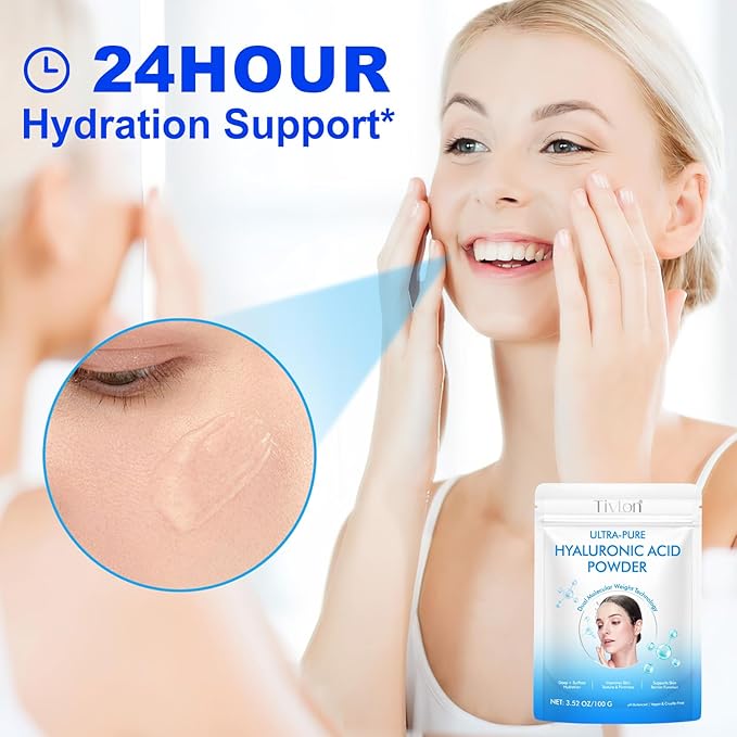 Pure Hyaluronic Acid Powder for Skin & Face, Dual Molecular Weight Organic Hyaluronic Acid Powder DIY Serum for Deep Hydration, Anti-Aging, Improves Skin Texture & Firmness | Vegan-friendly, 100g