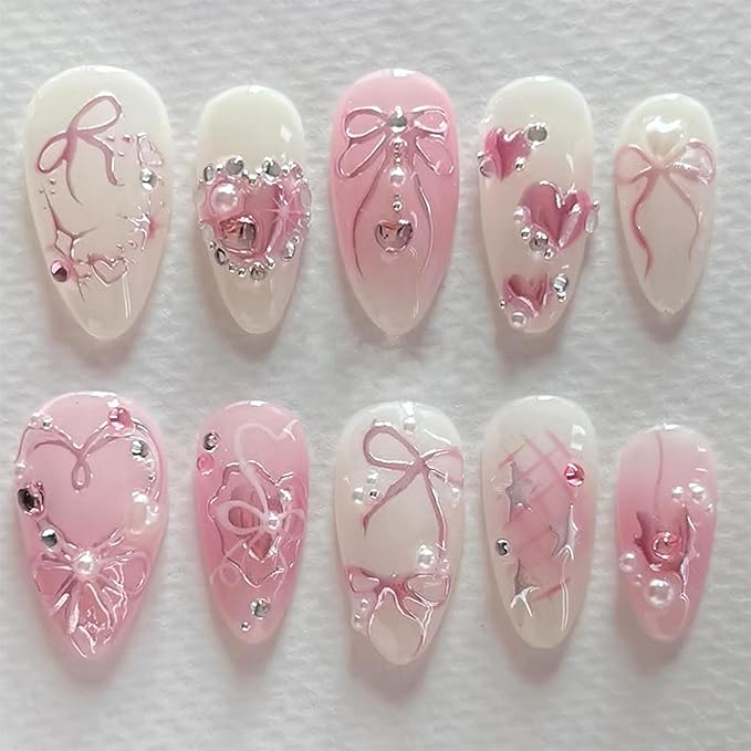 30Pcs Pink Press on Nails Medium Almond Fake Nails with Pink Rhinestones Heart Bow Design Shiny False Nails White Full Cover Acrylic Artificial Nails 3D Pearl Stick on Nail for Women Manicure