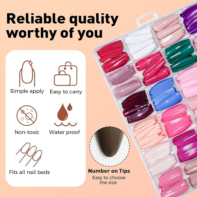 Press on Nails, 24 Colors 576PCS Long Square False Nails with 12 Sizes, Full Cover Press on Nails for Women, Lightweight Matte Natural Fake Nails for Nail Art Design