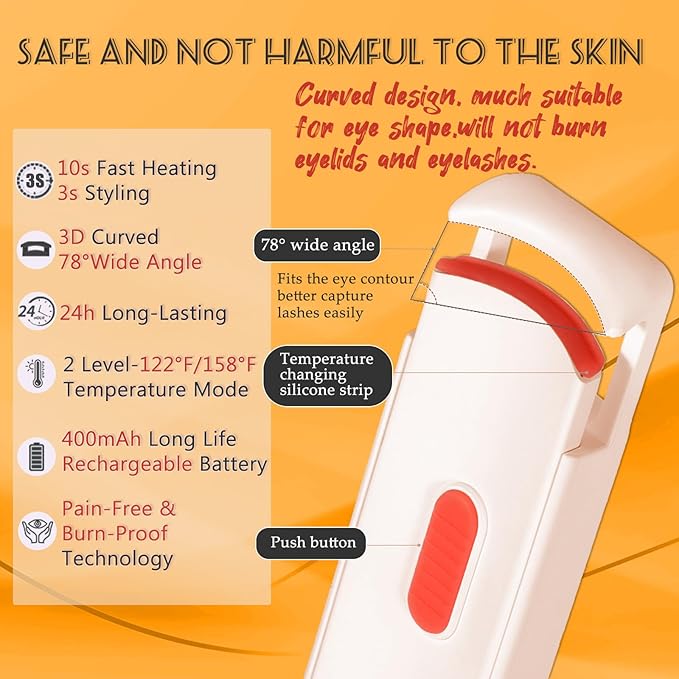 Heated Eyelash Curler - Wide Open Dual-Arc Design Heated Lash Curler - Electric Eyelash Curler - Type-C Rechargeable Mini Lash Curler Natural Curling 24H Long Lasting for Women - Apricot