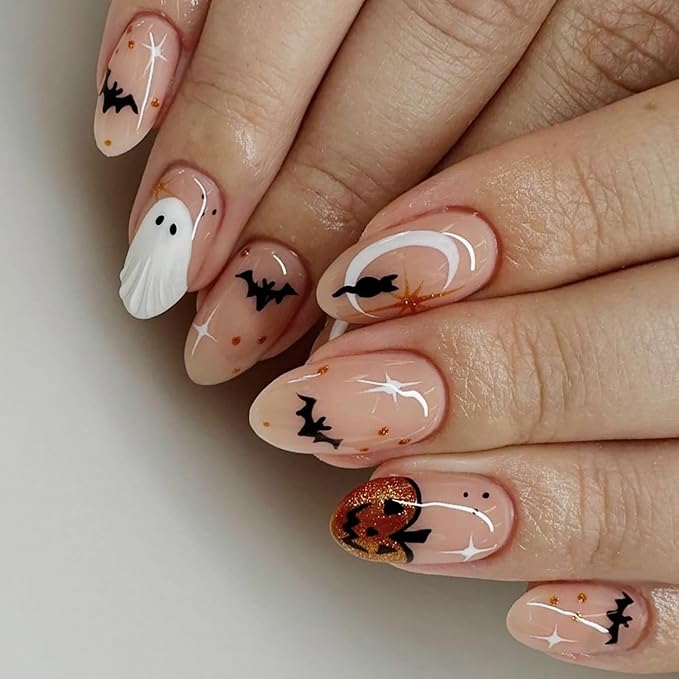 24Pcs Short Almond Press on Nails Cute Ghost Fake Nails with Black Bat Cat Star Goth Nail Designs Full Cover Artificial Reusable Nails Stick on Nail Glitter Pumpkin False Nails for Manicure Salon DIY