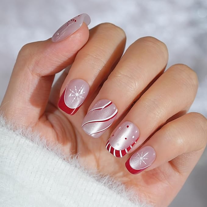 Christmas Press On Nails Short - Jofay Fashion Cat Eye Press On Nails Square, Red Candy Cane Fake Nails with Glue, Glossy Reusable Acrylic Nail Tips in 16 Sizes, Stick On Nails for Women Girls Gift