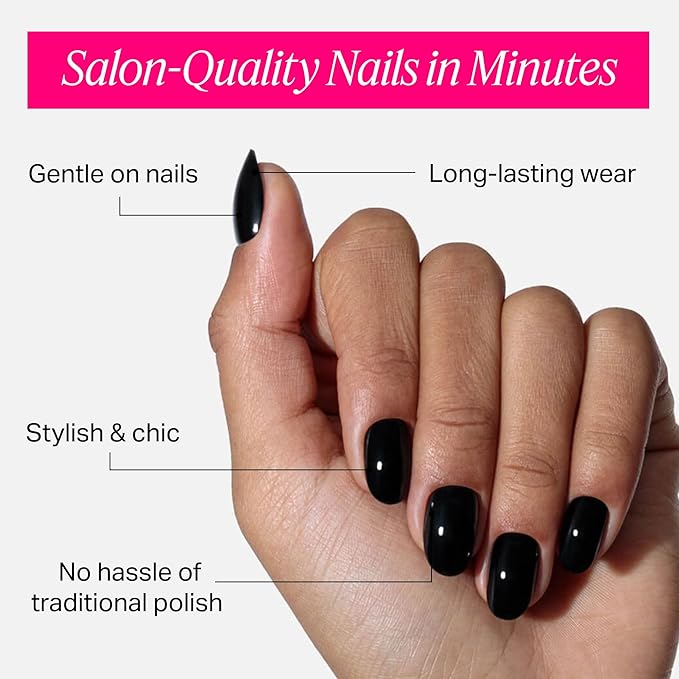 Nailboo Press On Nails, Salon-Quality Reusable Fake Nails for Fast DIY Manicure with Strong Hold Nail Glue for Press Ons, Nail File, & Alcohol Prep Pads, Dark Dreams, Round