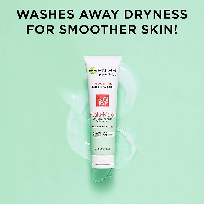Garnier SkinActive Green Labs Hyalu-Melon Smoothing Milky Washable Cleanser with Hyaluronic Acid + Watermelon for Dehydrated Skin, Fine Lines, 2 Count (Packaging May Vary)