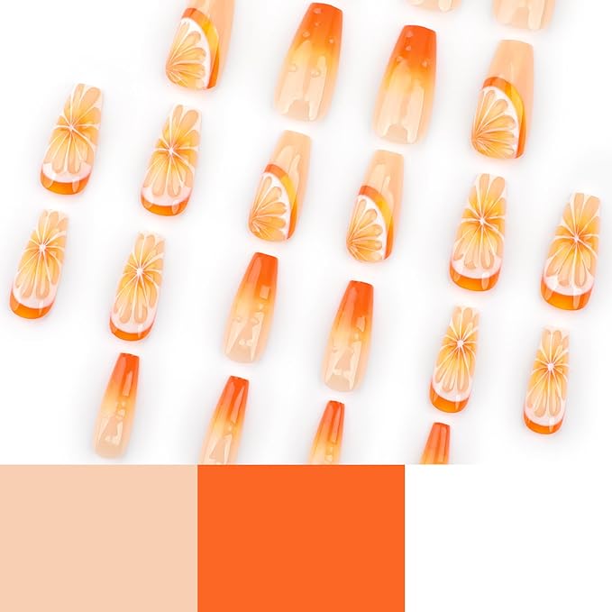 24Pcs Summer Fruit Press on Nails Medium Square Coffin Fake Nails with 3D Orange Water Drop Design Orange Gradient French Tip False Acrylic Nails Summer Full Cover Glue on Nails for Women