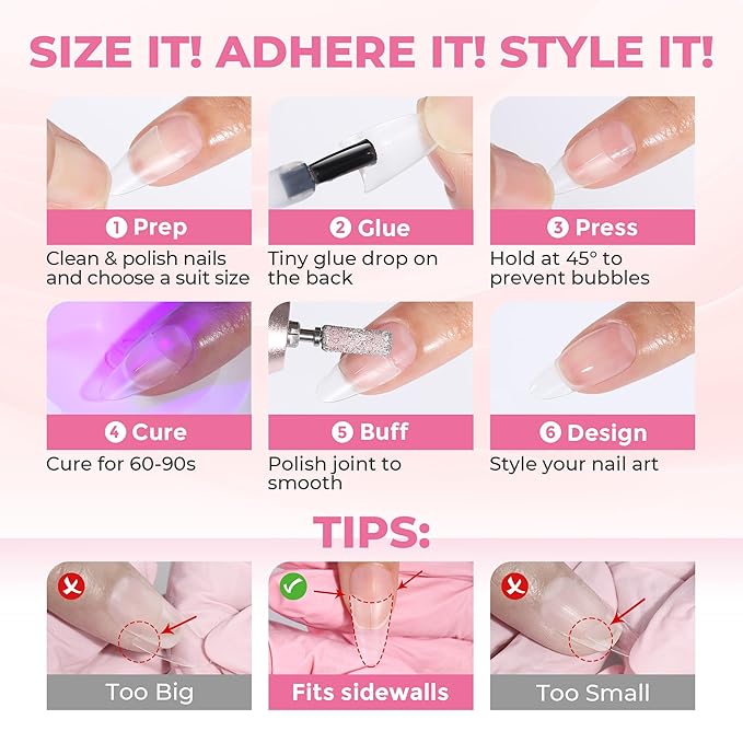 Almond Nail Tips: 504pcs Double-sided Matte Half Cover Medium Almond Shape Tips, Pre-etched Soft Gel Press on Nails, 12 Sizes No C Curve Clear False Fake Nails for Extension Manicure Home