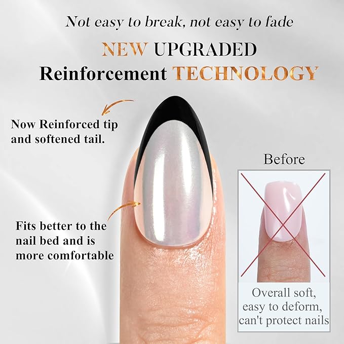 Black French Tip Press on Nails, Jofay Fashion Almond Soft Gel Fake Nails, Classic French Nails, Reusable & Natural Acrylic False Nails, Stick on Nails for Women Girls Gift, Glue on Nails Kit 32Pcs