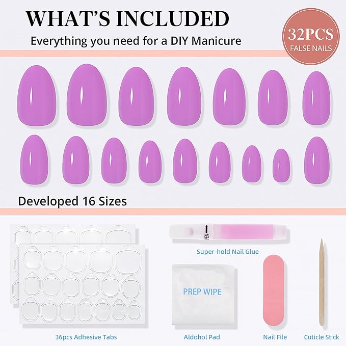 Press on Nails, Short Purple Press on Nails Almond Reusable Glossy Purple Nails Soft Gel False Nails Press ons for Women, 16 Sizes 32 Count Nails Kit with Glue (SV-13)