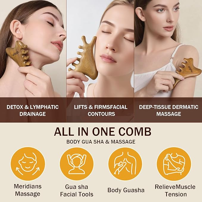 MoyRetty Green Sandalwood Gua Sha Facial Tool(4-in-1), Natural Wooden Face & Body GuashaMassager, Lymphatic Drainage Massage Comb with Storage Pouch, Jawline Shaper