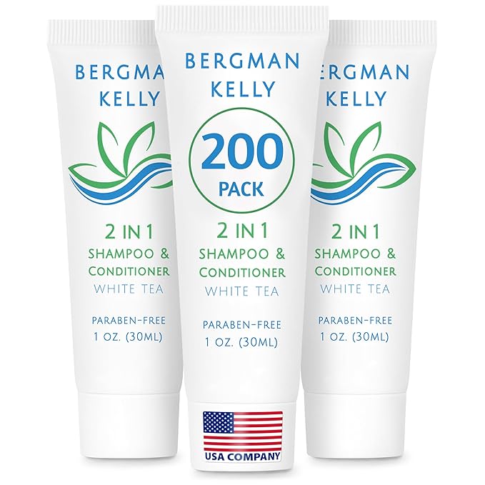BERGMAN KELLY - Travel Size 2 in 1 Shampoo & Conditioner - 1 fl oz, 200 PK, White Tea - Delight Your Guests w/Revitalizing & Refreshing Shampoo Amenities, Quality Small Size Hotel Toiletries in Bulk