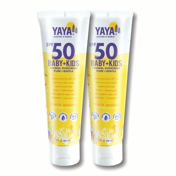 YAYA ORGANICS Baby + Kids Mineral Sunscreen with Free Sponge Applicators, SPF 50, Reef-Friendly, Non-Nano Zinc Oxide, Hypoallergenic, 3 oz, 2-pack